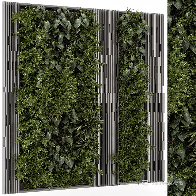Green Living Wall With Vertical Slats And Various Plants 3d model 