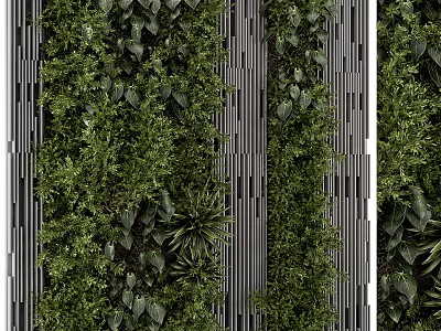 Green Living Wall With Vertical Slats And Various Plants 3d model