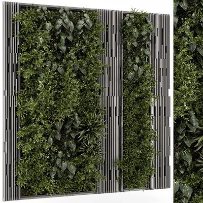 Green Living Wall With Vertical Slats And Various Plants 3d model