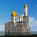 European Style Building With Golden Domes White Exterior Blue Sky And Water Reflection