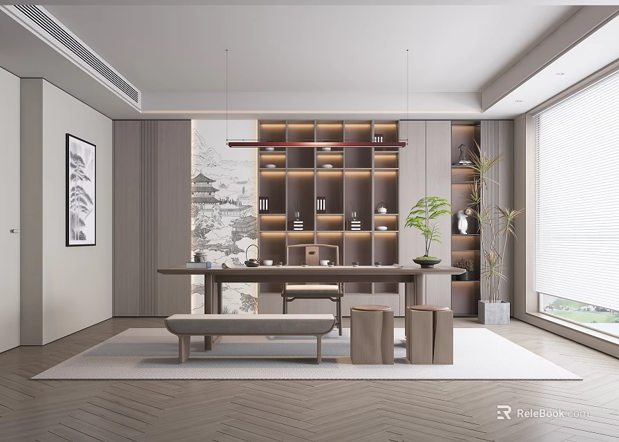 Modern Minimalist Tea Room Interior Design With Wooden Shelves Tea Table Bench And Stools 3d model 