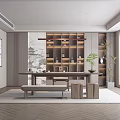 Modern Minimalist Tea Room Interior Design With Wooden Shelves Tea Table Bench And Stools