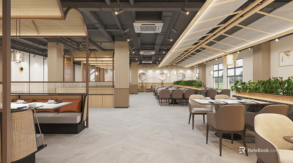 Modern Restaurant Open Space Interior With Wooden Elements Dining Tables Chairs And Pendant Lights 3d model 