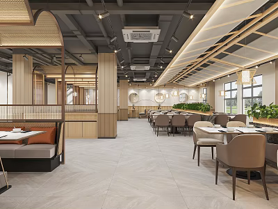 Modern Restaurant Open Space Interior With Wooden Elements Dining Tables Chairs And Pendant Lights 3d model