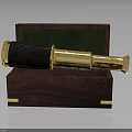 Brass Telescope With Black Leather Wrap In Wooden Box And Gold Metal Decorations