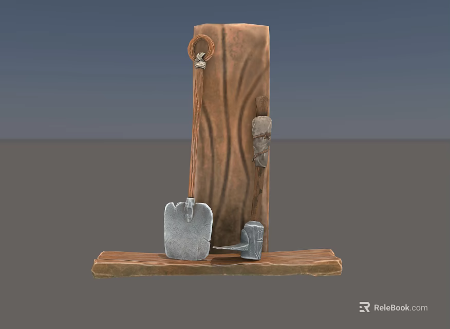 Traditional Agricultural Equipment Set with Shovel and Small Hoe on Wooden Carved Base 3d model 