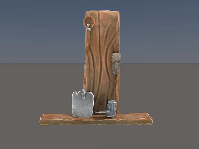 Traditional Agricultural Equipment Set with Shovel and Small Hoe on Wooden Carved Base 3d model