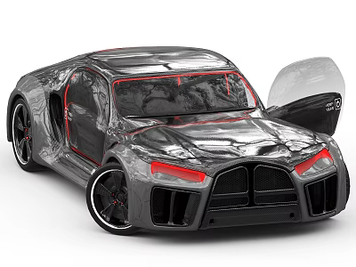 Futuristic Silver Concept Car With Opened Doors And Red Headlights 3d model