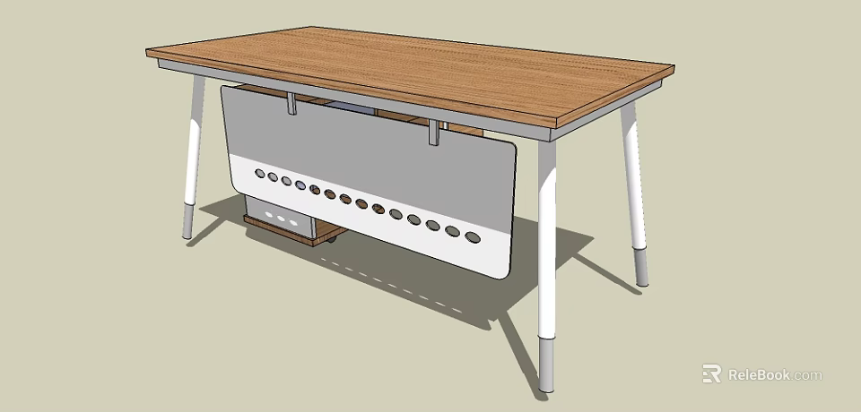 Modern Office Desk with Wooden Top White Legs and Gray Panel with Circular Holes 3d model 