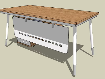 Modern Office Desk with Wooden Top White Legs and Gray Panel with Circular Holes 3d model