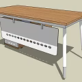 Modern Office Desk with Wooden Top White Legs and Gray Panel with Circular Holes