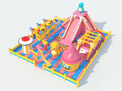 Colorful Inflatable Play Equipment With Slide Castle Fence Ball Pit And Cartoon Duck Penguin 3d model