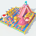 Colorful Inflatable Play Equipment With Slide Castle Fence Ball Pit And Cartoon Duck Penguin