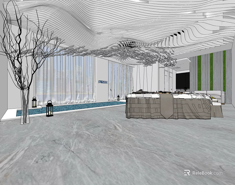 Modern Beauty Hair Salon Interior Design With Stylish Ceiling Large Windows And Marble Floor 3d model 