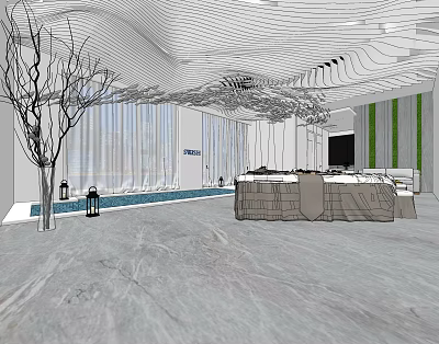 Modern Beauty Hair Salon Interior Design With Stylish Ceiling Large Windows And Marble Floor 3d model