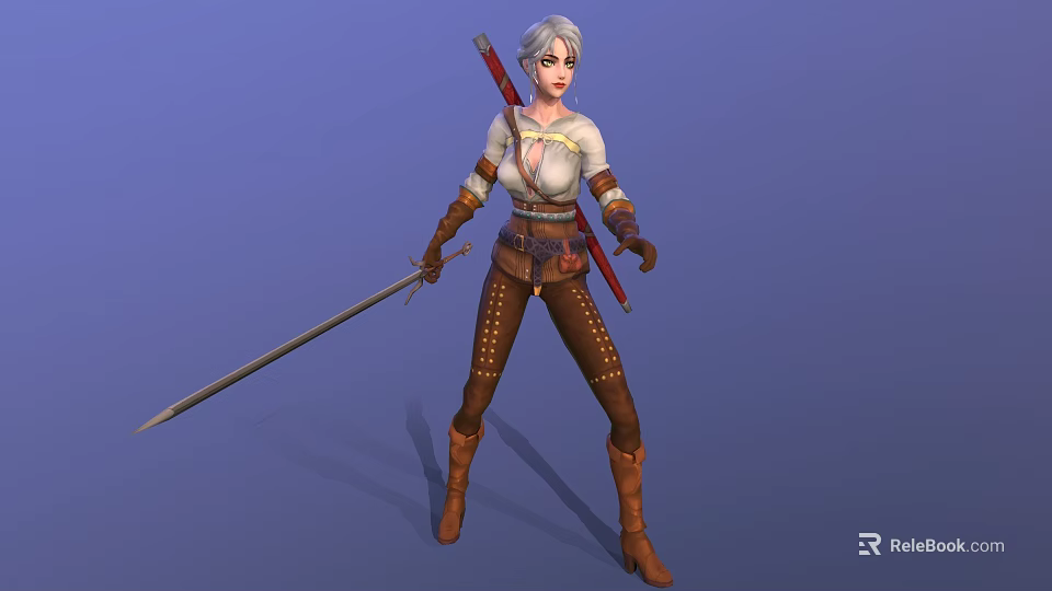 Silver White Haired Female Warrior Character Wielding Dual Swords In White Top And Studded Pants 3d model 