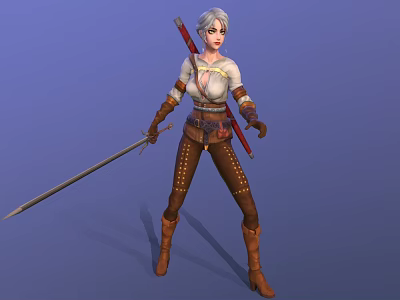 Silver White Haired Female Warrior Character Wielding Dual Swords In White Top And Studded Pants 3d model