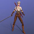 Silver White Haired Female Warrior Character Wielding Dual Swords In White Top And Studded Pants