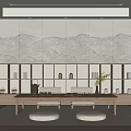 Serene Tea Room Interior With Mountain Pattern Wall Wooden Shelves Tea Sets And Round Cushions