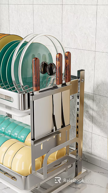 Stainless Steel Kitchen Utensil Organizer With Wooden Handle Knives Green Plates And Dish Drainer 3d model 