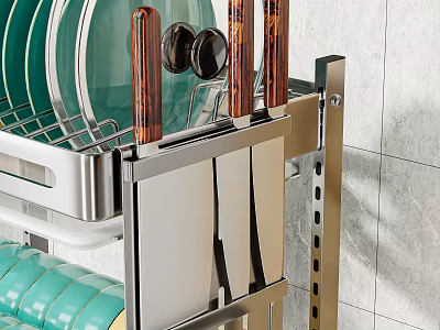 Stainless Steel Kitchen Utensil Organizer With Wooden Handle Knives Green Plates And Dish Drainer 3d model