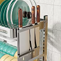 Stainless Steel Kitchen Utensil Organizer With Wooden Handle Knives Green Plates And Dish Drainer