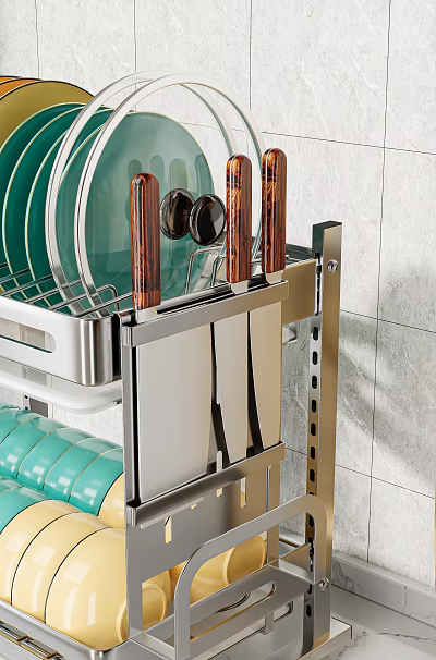 Stainless Steel Kitchen Utensil Organizer With Wooden Handle Knives Green Plates And Dish Drainer 3d model