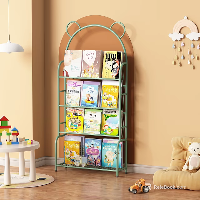 Green Kids Bookshelf Filled With Storybooks And Cartoon Covers In Childrens Room With Cloud Decor 3d model 