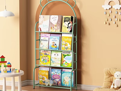 Green Kids Bookshelf Filled With Storybooks And Cartoon Covers In Childrens Room With Cloud Decor 3d model