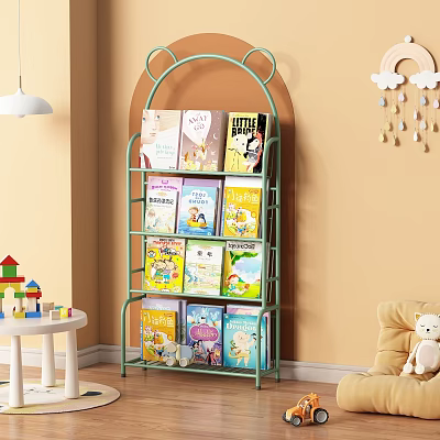 Green Kids Bookshelf Filled With Storybooks And Cartoon Covers In Childrens Room With Cloud Decor 3d model