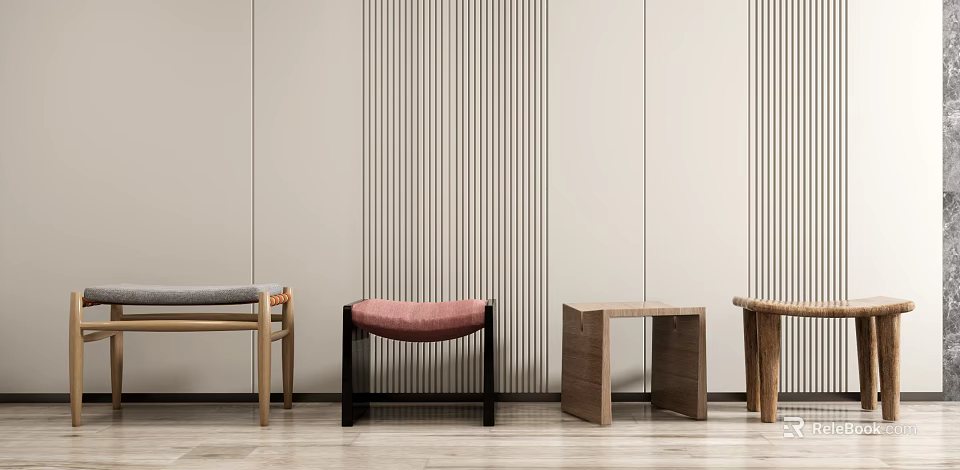 Modern Stools With Upholstered And Wooden Designs Against Vertical Striped Wall On Wooden Floor 3d model 