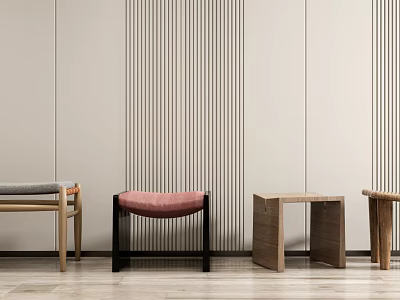 Modern Stools With Upholstered And Wooden Designs Against Vertical Striped Wall On Wooden Floor 3d model