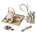 Elegant Ceramic Tea Set With Bamboo Tray Teacups And Tea Snacks 3d model