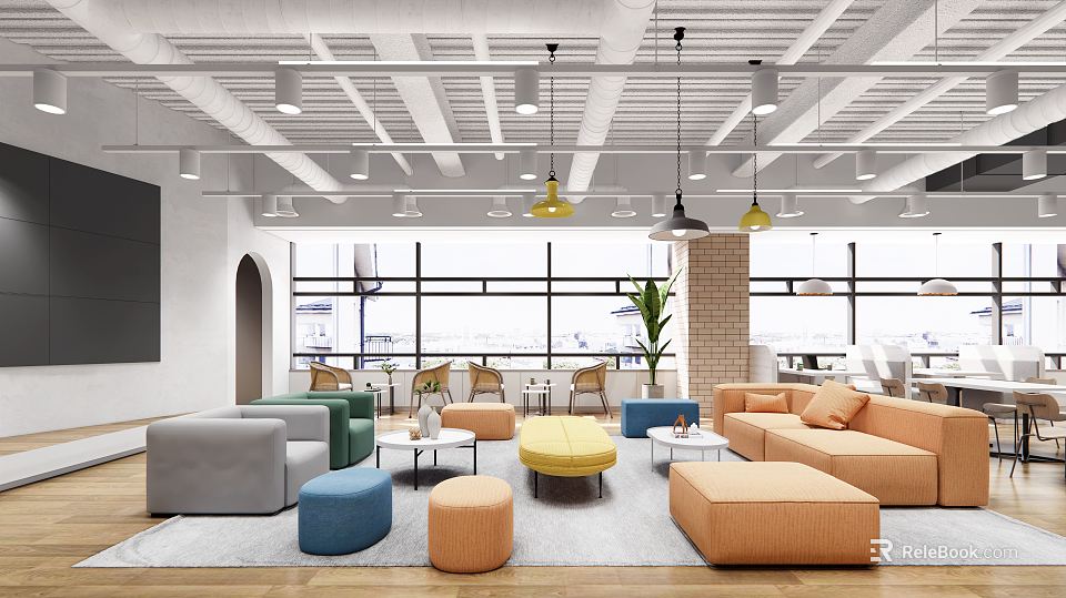 Modern Lounge Area With Colorful Sofas Round Ottomans Coffee Tables And Pendant Lights 3d model 