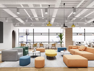 Modern Lounge Area With Colorful Sofas Round Ottomans Coffee Tables And Pendant Lights 3d model