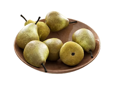 Several Fresh Yellowish Green Pears With Stems On A Brown Plate 3d model