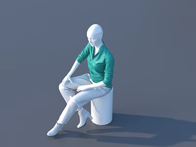Model Wearing Green Top And White Pants Sitting On White Cylindrical Object Against Gray Background 3d model
