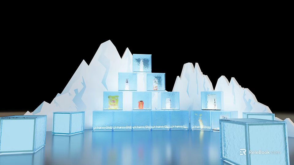 Ice Themed Photo Check-in Spot with Sculptures Icebergs and Transparent Cubes Showing Small Animals 3d model 