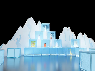 Ice Themed Photo Check-in Spot with Sculptures Icebergs and Transparent Cubes Showing Small Animals 3d model