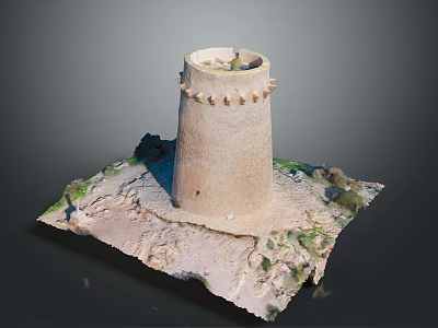 Ancient Stone Cylindrical Tower With Earth Toned Exterior Sandy Base And Green Vegetation 3d model