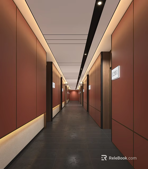 Modern Elevator Corridor With Red Panels Warm Lighting And Door Numbers 3d model 