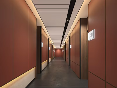 Modern Elevator Corridor With Red Panels Warm Lighting And Door Numbers 3d model