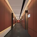 Modern Elevator Corridor With Red Panels Warm Lighting And Door Numbers