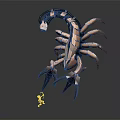 Small Character Confronting Mechanical Scorpion With Glowing Purple Eyes And Metallic Limbs