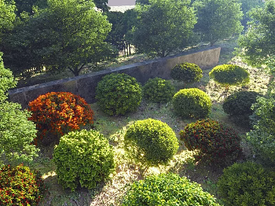 Colorful Well Trimmed Round Shaped Bushes In Landscaped Garden With Green And Red Foliage 3d model