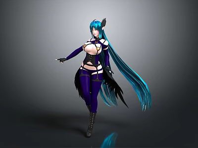 Fantasy Woman With Teal Long Hair Purple Outfit Black Wings And Boots 3d model