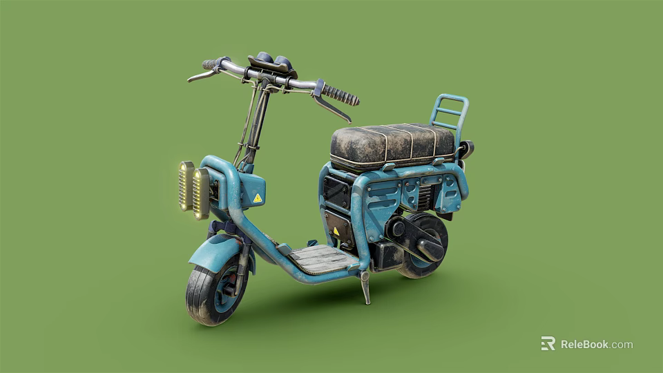 Blue Vintage Scooter With Black Leather Seat Front Headlight And Rear Rack 3d model 