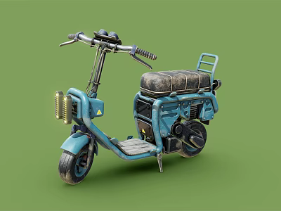 Blue Vintage Scooter With Black Leather Seat Front Headlight And Rear Rack 3d model