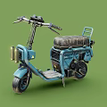 Blue Vintage Scooter With Black Leather Seat Front Headlight And Rear Rack