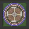3D Circular Architectural Model With Central Domed Building Symmetrical Structures Green Lawn And Surrounding Pathway